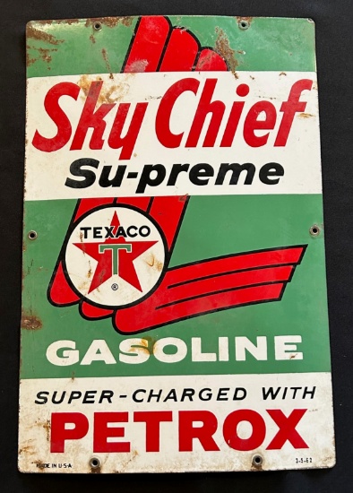 TEXACO SKY CHIEF GASOLINE WITH PETROX PORCELAIN SIGN