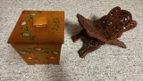 WOODEN BOOK STAND AND PRIMITIVE WOODEN BOX