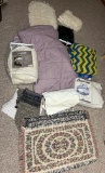 LOT OF MISC. BEDDING - THROWS - RUGS AND MORE