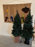TWO CHRISTMAS TREES AND NATIVITY BANNER