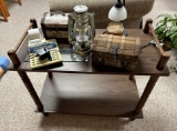 LOT OF MISC. ITEMS AND ROLLING WOODEN RACK