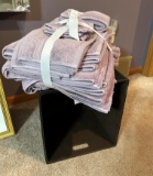 SET OF PURPLE BATH TOWELS WITH FABRIC STORAGE BOX