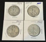 (4) Walking Liberty Half Dollars --- 1934, 1935-D, 1943-S, and 1945