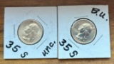 (2) 1935-S Washington Silver Quarters - Uncirculated