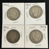 (4) Barber Silver Half Dollars --- 1902, 1904-O, 1906-D, and 1908-O.