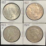 (4) Peace Silver Dollars --- 1922, 1923, 1923-S, & 1925