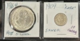 (2) Mexican Silver Coins -- 1909 10 Centavos & 1964 Un Peso