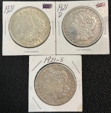 1921 P, D, & S Morgan Silver Dollars