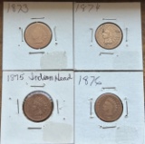 (4) Early US Indian Head Cents --- 1873, 1874, 1875, and 1876