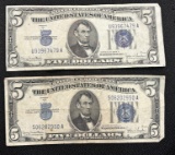 (2) Series 1934-D United States $5 Silver Certificates