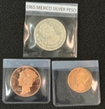 1965 Mexican Silver Peso & (2) Copper Rounds