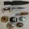 TWO FIXED BLADE KNIVES & FIVE BELT BUCKLES