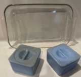 PYREX CAKE PAN - BLUE COVERED CONTAINERS