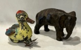 CAST IRON ELEPHANT BANK & EARLY TIN DUCK TOY