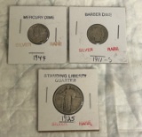 (3) EARLY US SILVER COINS - MERCURY DIME - BARBER DIME - STANDING LIBERTY QUARTER