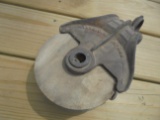 OLD BARN PULLEY WITH WOOD WHEEL-& IRON FRAME
