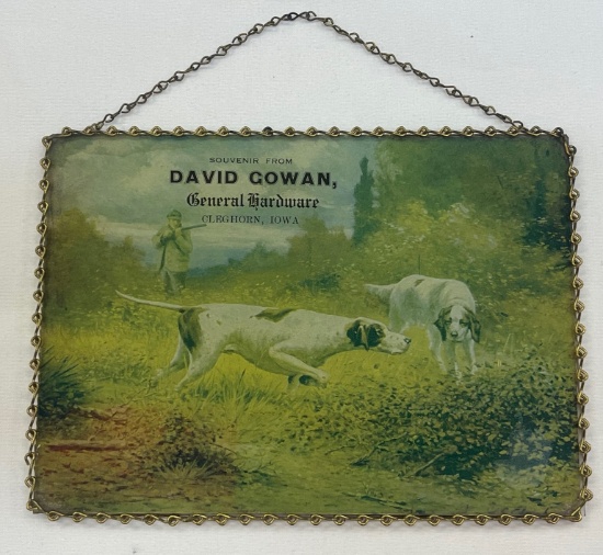 VINTAGE HUNTING DOG CHAIN PICTURE "DAVID COWAN - GENERAL HARDWARE, CLEGHORN, IOWA"