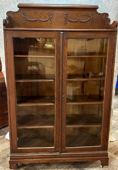 ANTIQUE WOOD GLASS FRONT FIVE SHELF BOOKCASE
