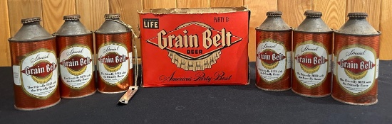 EARLY "GRAIN BELT" CONE TOP BEER CANS WITH BEER BOX