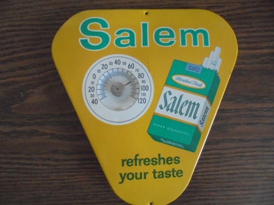OLD METAL ADVERTISING "SALEM CIGARETTES" SIGN WITH THERMOMETER