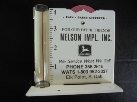 VINTAGE "JOHN DEERE" ADVERTISING RAIN GAUGE "ELK POINT SOUTH DAKOTA" DEALER-STILL IN  BOX