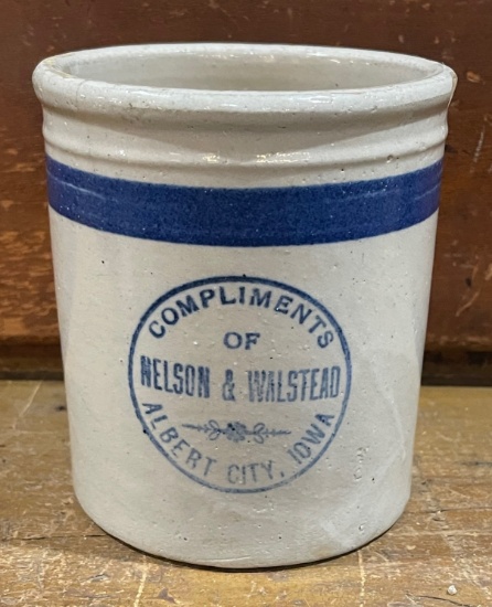 OLD STONEWARE BANDED BEATER JAR WITH ADVERTISING FROM "ALBERT CITY IOWA"