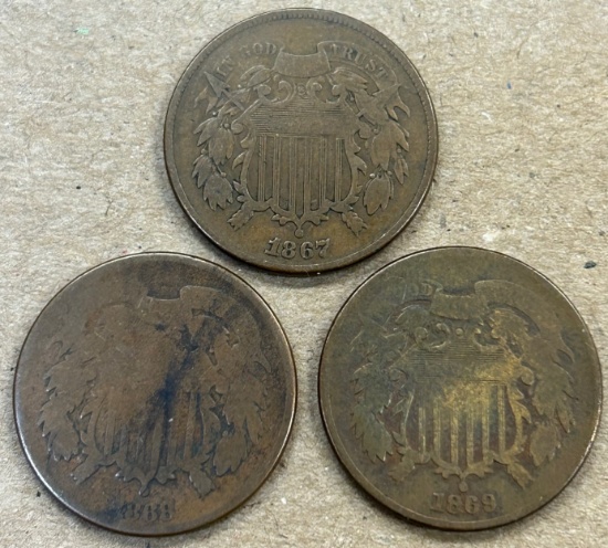 1867-1869 United States Two Cent Piece Collection - Three Total Coins