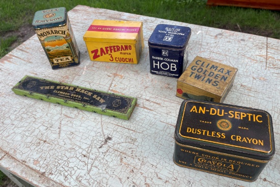 BOX OF MISC. ADVERTISING TINS