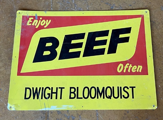 "BEEF - DWIGHT BLOOMQUIST" --- SINGLE SIDED TIN SIGN