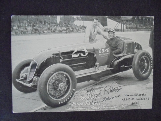 ODD REAL PHOTO POST CARD "1938 INDIANAPOLIS MOTOR SPEEDWAY" WINNER-PRESENTED AT "ALLIS-CHALMERS"