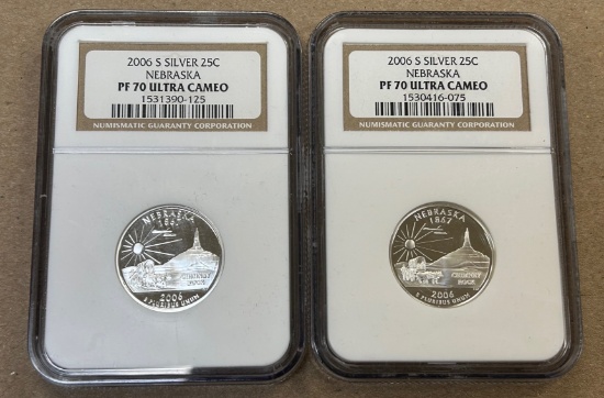 (2) 2006-S Silver Proof Nebraska Statehood Quarters - NGC PF70 Ultra Cameo