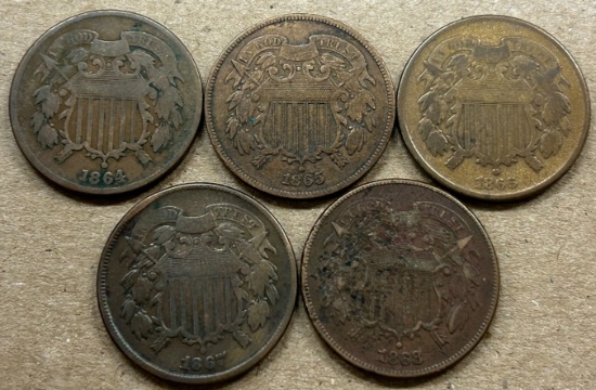 1864-1868 United States Two Cent Piece Collection - Five Total Coins