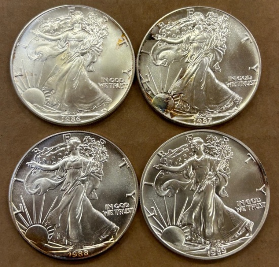 (4) Early Dates American Silver Eagles --- 1986 - 1987 - 1988 - 1989