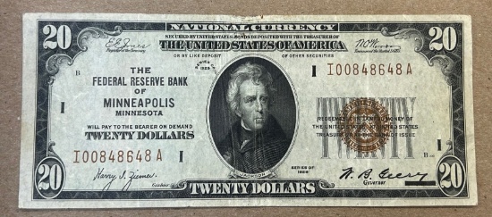 1929 Federal Reserve Bank of Minneapolis $20 National Currency Note