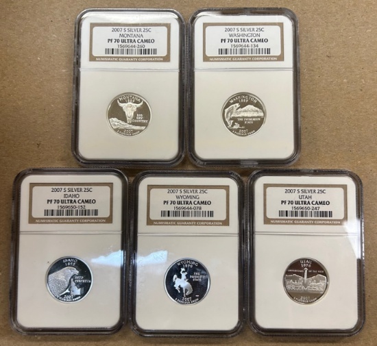 2007-S 50 State Quarters Silver Proof Set - Five Coins - NGC PF70 Ultra Cameo