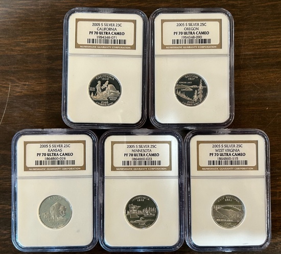 2005-S 50 State Quarters Silver Proof Set - Five Coins - NGC PF70 Ultra Cameo