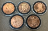 (5) 1 Oz. Copper Rounds - Various Designs