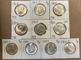 (10) 1964 Kennedy Silver Half Dollars