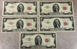 (5) Series 1953-B $2 Red Seal Notes