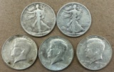(5) 90% Silver Half Dollars - Walking Liberty & Kennedy