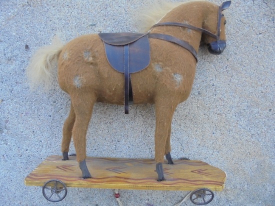 ANTIQUE PULL TOY--"HORSE" WITH SADDLE-15 INCHES TALL