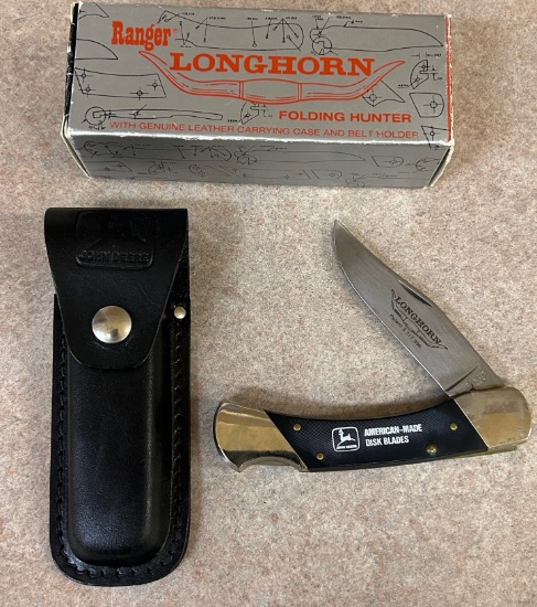 JOHN DEERE "AMERICAN MADE DISK BLADES" - RANGER LONGHORN LB125 POCKET KNIFE WITH SHEATH
