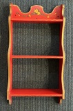 WOODEN THREE SHELF WALL HANGING --- RED WITH FLORAL DESIGN