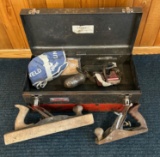 ANTIQUE WOOD PLANES AND METAL TOOL BOX
