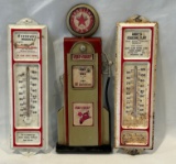(2) VINTAGE ADVERTISING THERMOMETERS & GAS PUMP WALL HANGING