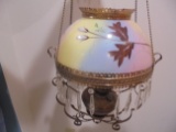 ANTIQUE HANGING KEROSENE LAMP WITH BEAUTIFUL SHADE AND METAL WORK