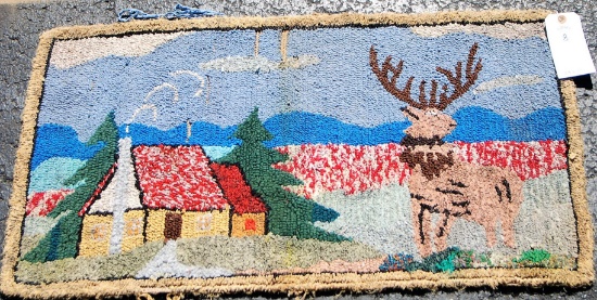 Multi Colored Hooked Rug w/ Homestead & Deer