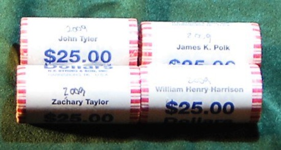 2009 President Dollar Coins in $25 Roll W/ Taylor, Polk, Harrison, Tyler (4 rolls total)
