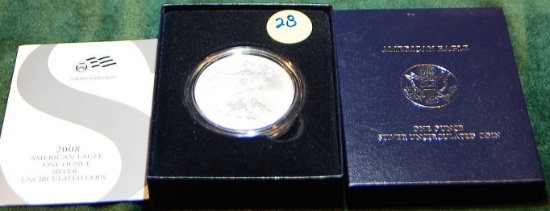 2008 W UNC Silver American Eagle Dollar in Box w/ COA.
