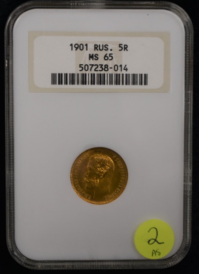 1901 Russian 5 Roubles Gold Coin MS-65